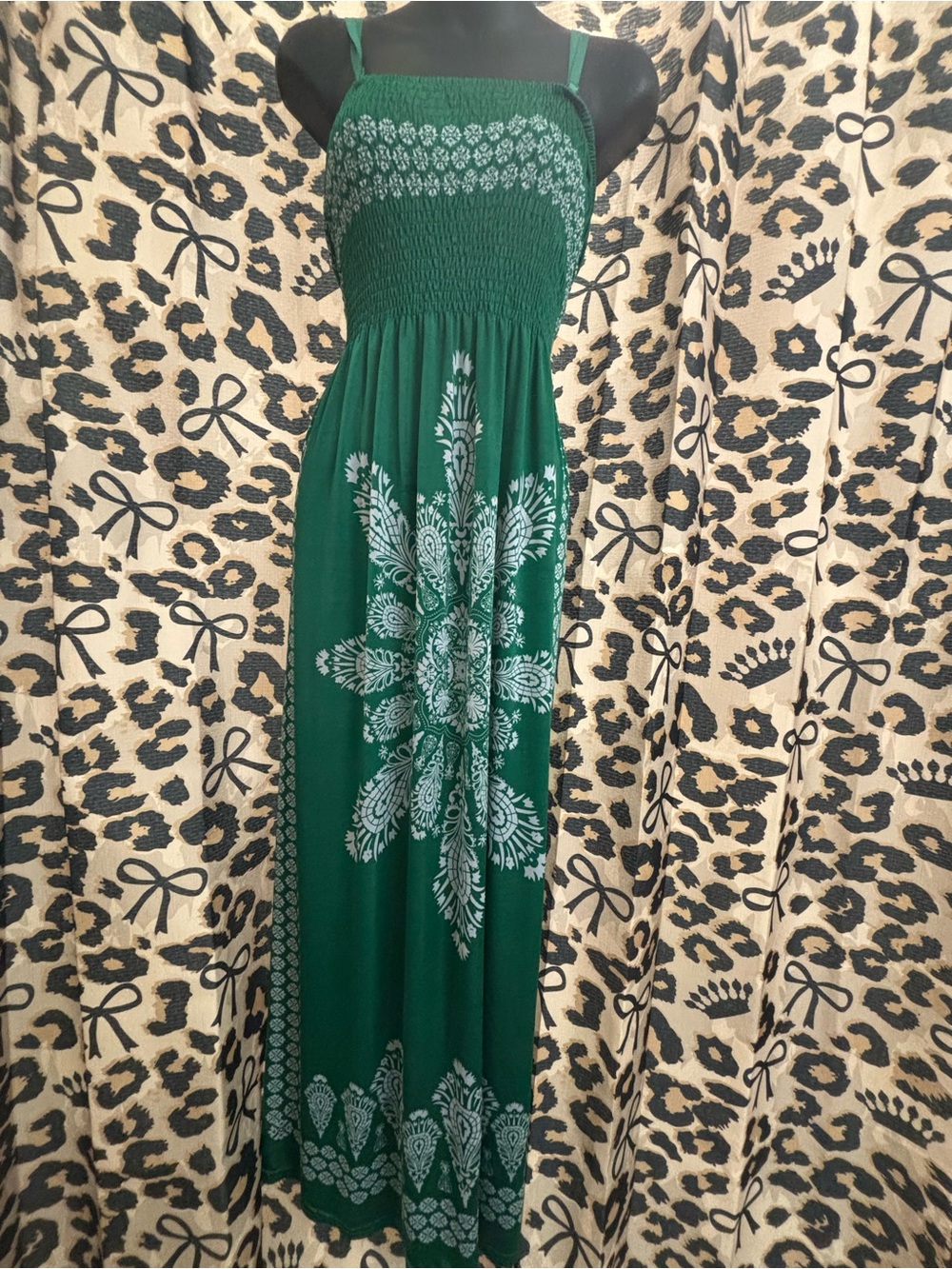 Just Love Green Maxi Dress with White Medallion Print